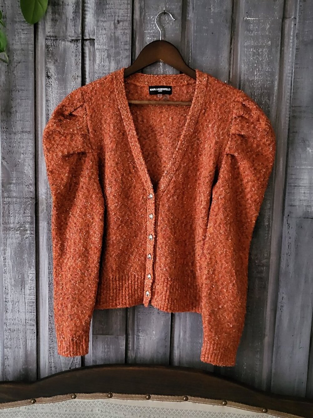 Karl Lagerfeld Paris Orange Puff Sleeve Cardigan Knit Sweater Shimmer